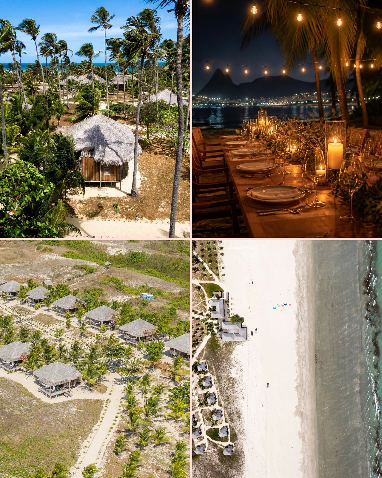 Rancho do Peixe — a four-panel collage of the bungalow village, palms, beach, and a candle-lit dinner on the sand
