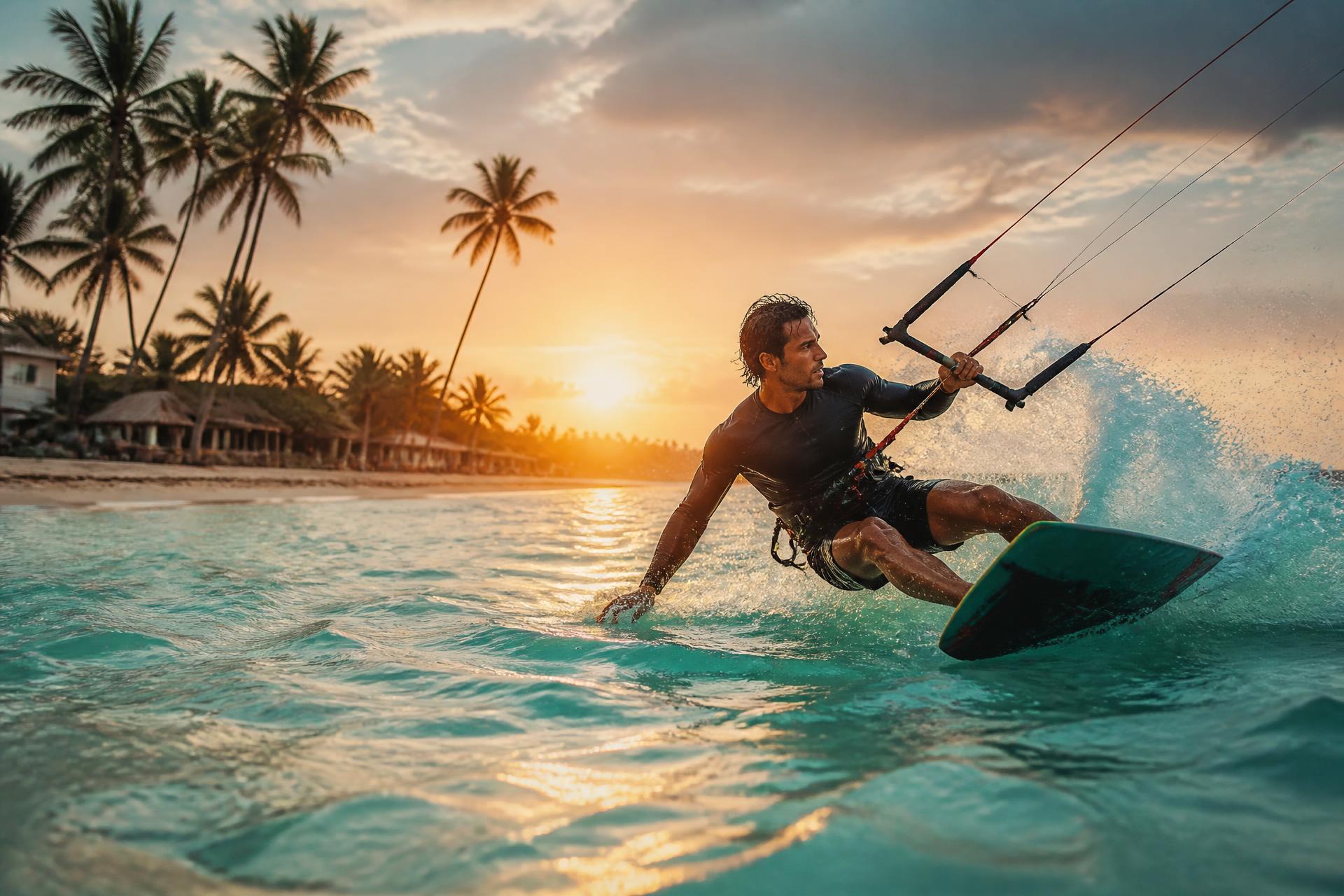 Kitesurfer carving turquoise water at sunset on a palm-lined Brazilian beach