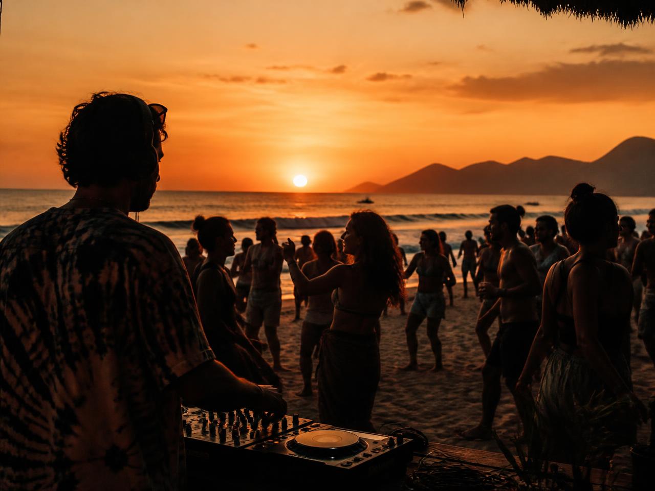 DJ playing at sunset with people dancing barefoot on the sand